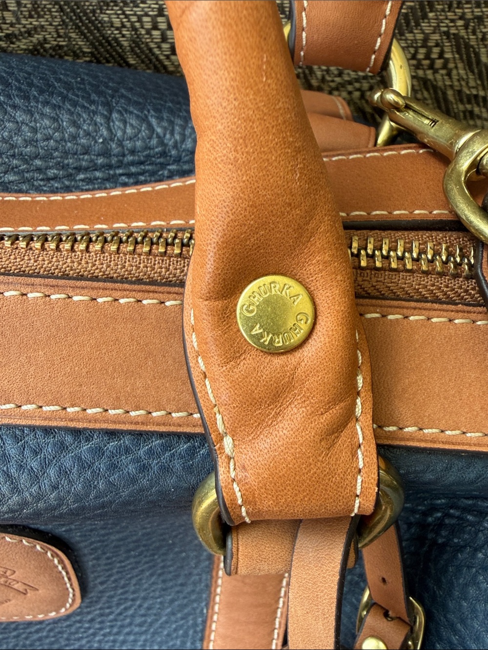 Ghurka Navy and Brown Leather Satchel with Shoulder Strap - Picture 2 of 9